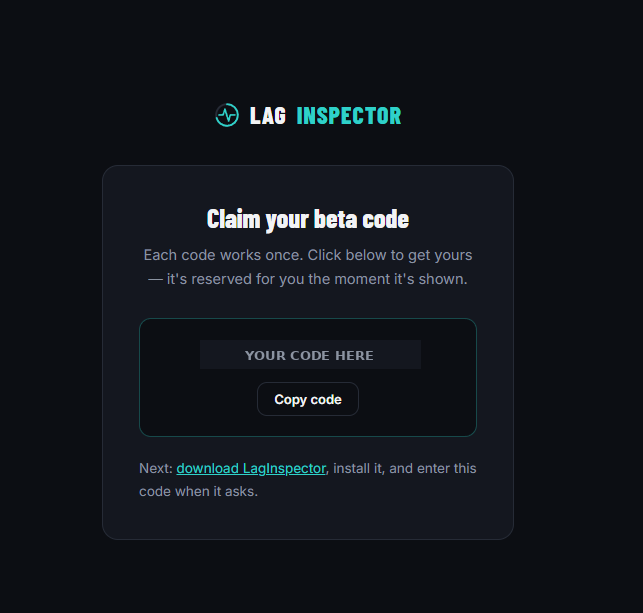 Claim page showing your beta code, ready to copy