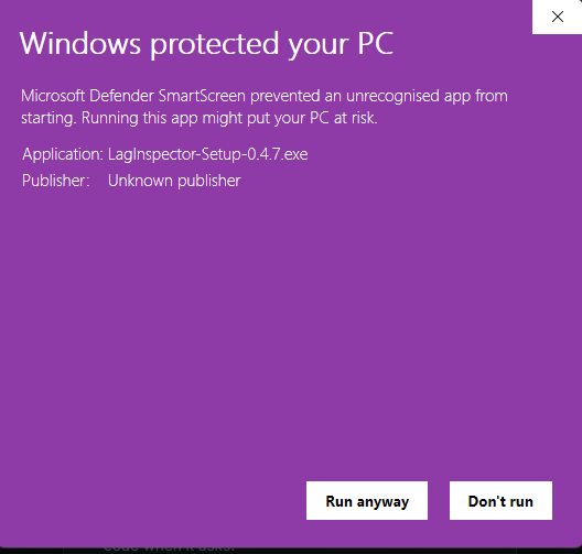 Windows SmartScreen warning with Run anyway button visible