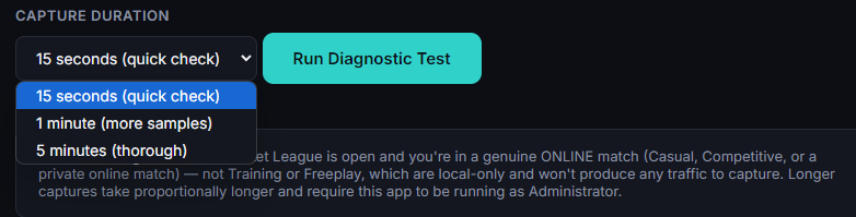 Capture duration selector and Run Diagnostic Test button